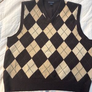 Lands' End Cashmere Men's V-Neck Argyle Sweater Vest - Brown and Cream